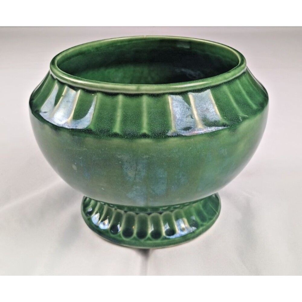 Vintage McCoy Green Pedestal Planter Fluted Ribbed Flower Pot Bowl 5.75" USA